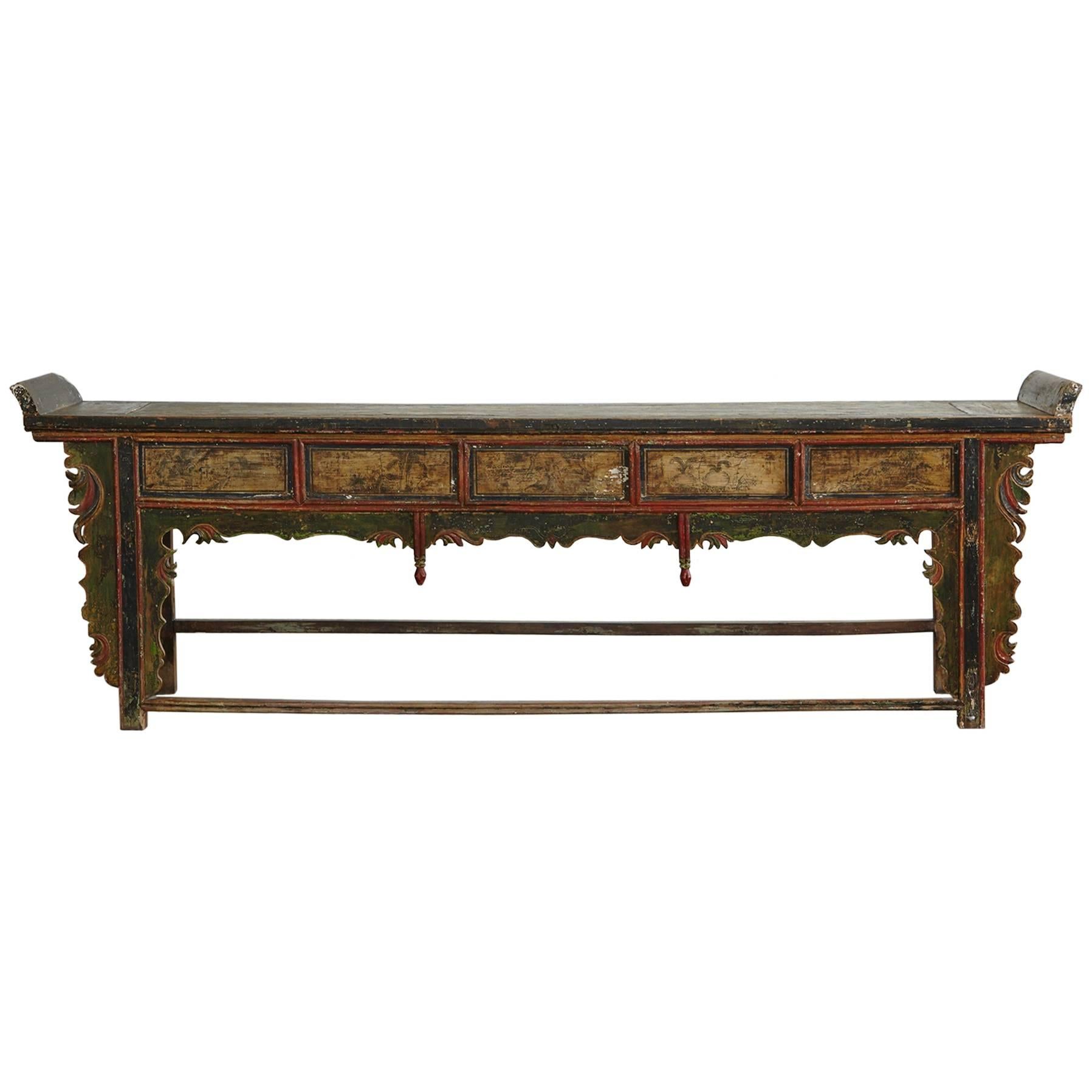 Long Antique Hand-Carved and Painted Chinese Altar Table