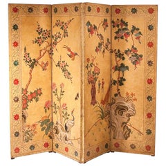 Antique Reverse Four-Panel Painted Leather Screen