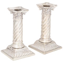 Unusual Pair of Victorian Neoclassical Sterling Silver Column-Form Candlesticks