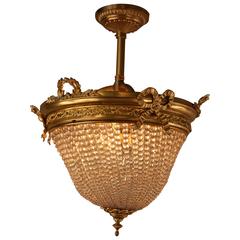 French Crystal Basket and Bronze Semi Flush Mount Chandelier