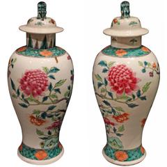Small Pair of Antique Chinese Famille Verte Vases and Covers with Lion Dogs