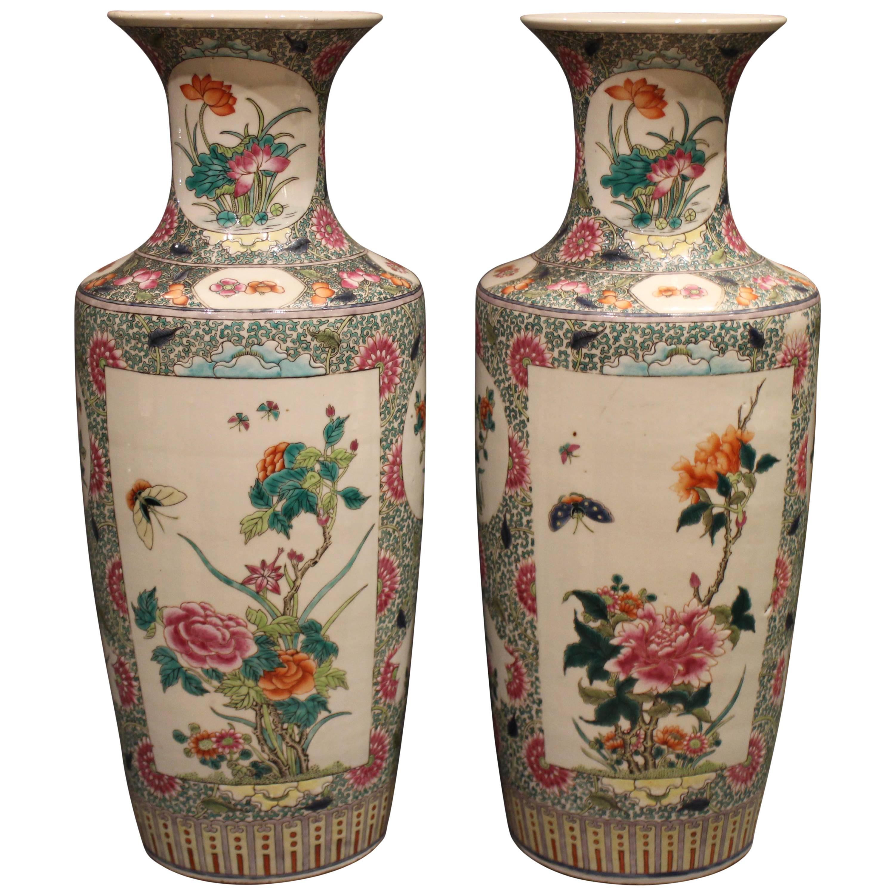 Fine Pair of Antique Chinese Famille Verte 'Green' Vases Decorated with Flowers For Sale
