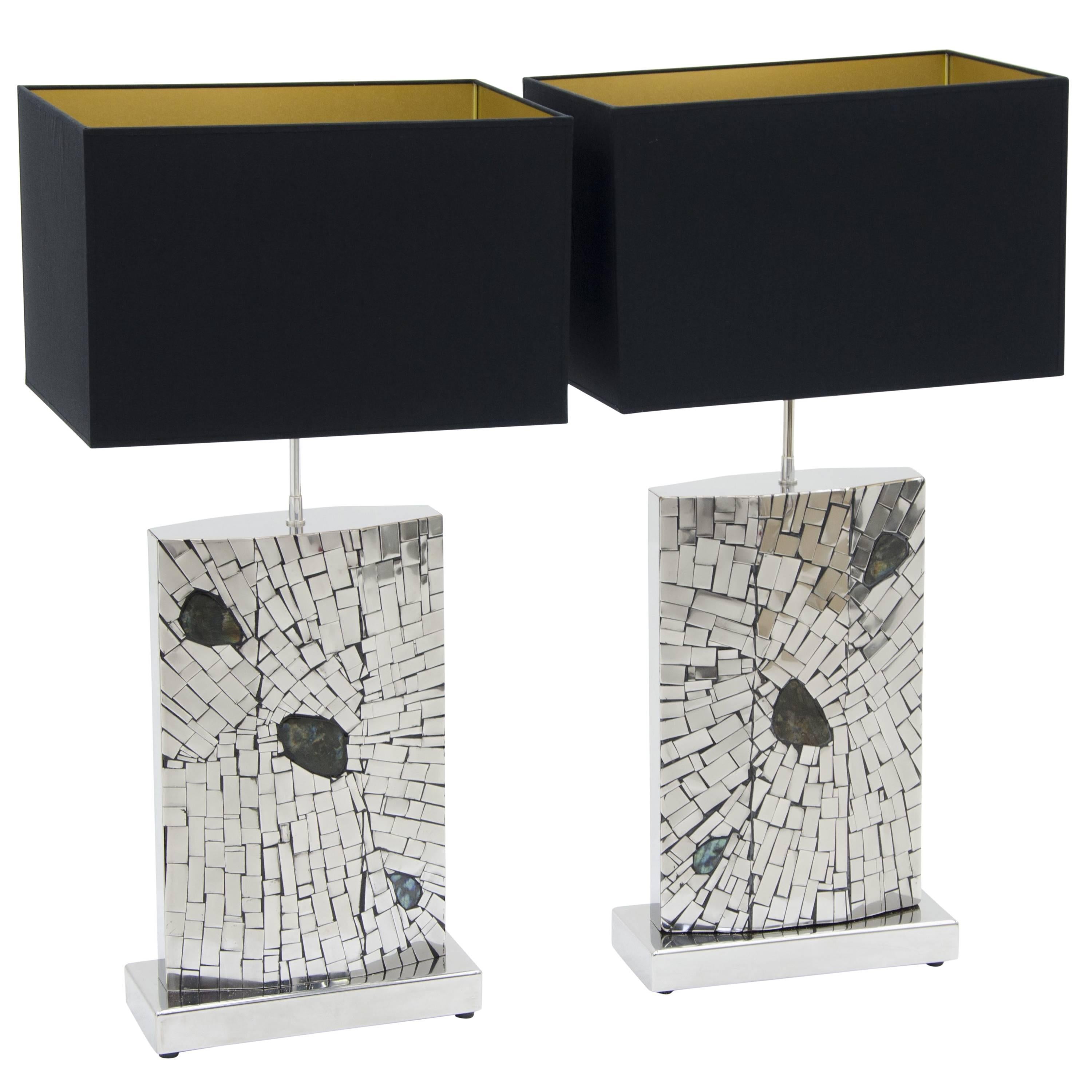 Pair of Lamps Mosaic Stainless Steel Inlaid Labradorite by Stan Usel