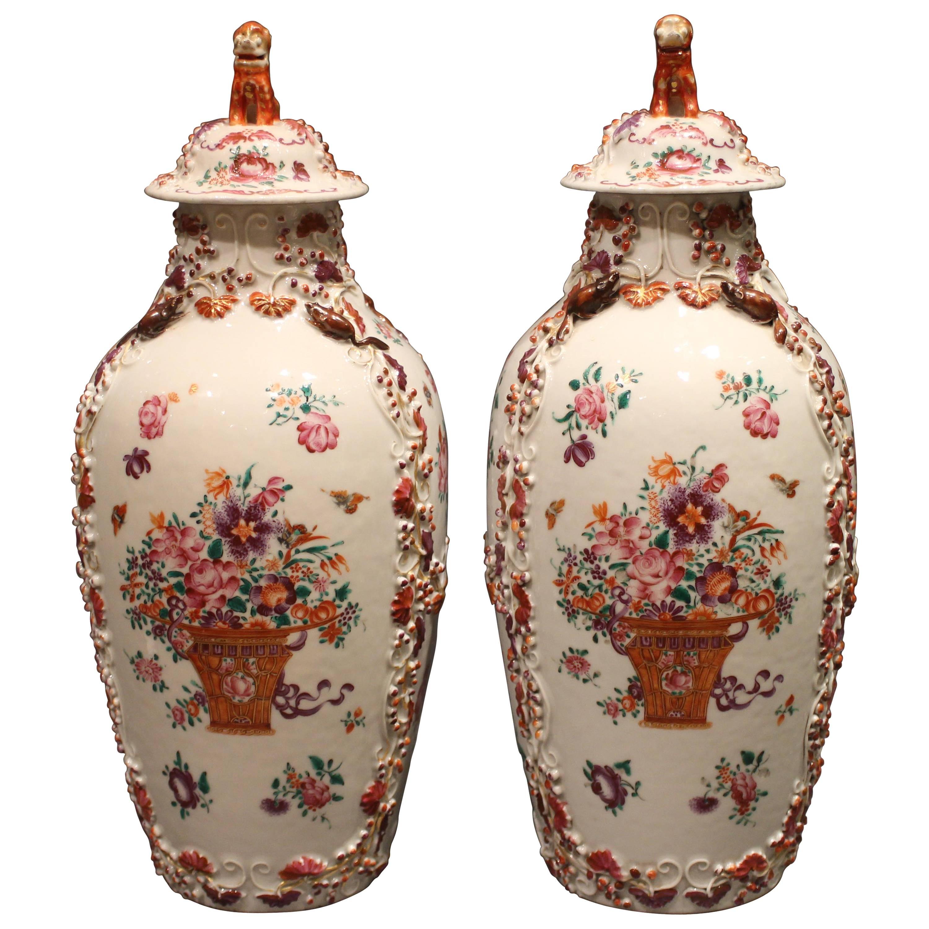 Pair of 18th Century Antique Chinese Famille Rose 'Pink' Vases and Covers For Sale