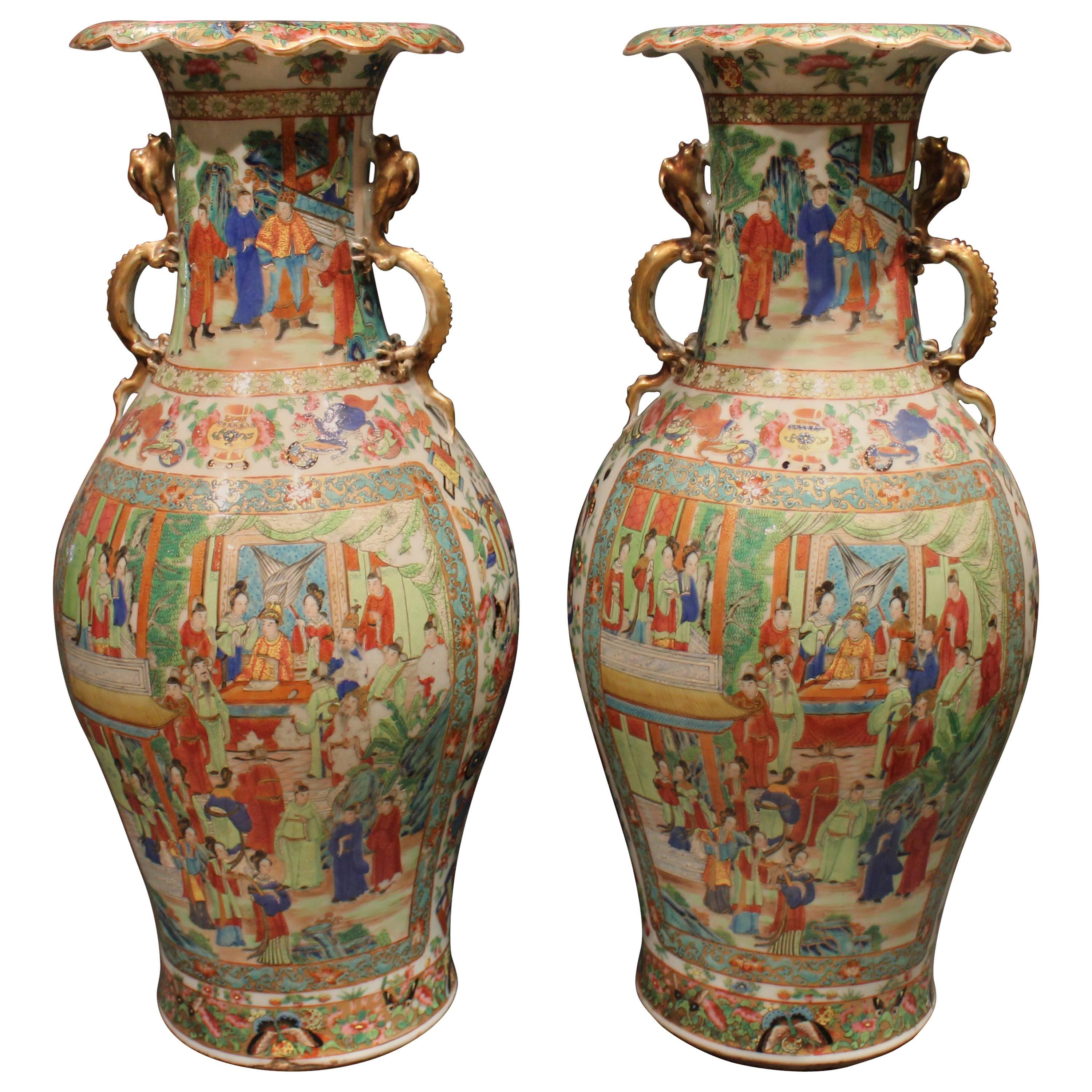 Pair of Large Antique Chinese Cantonese Vases with Dragon Ears For Sale
