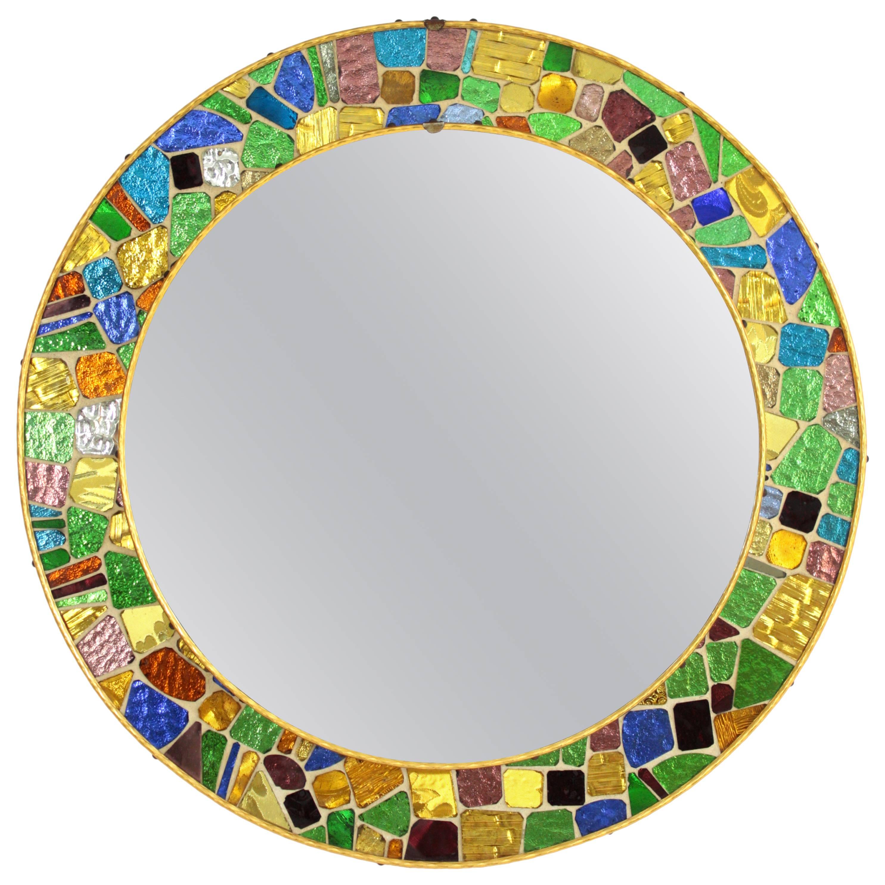 Spanish Mid-Century Modern Multi-color Glass Mosaic Circular Mirror
