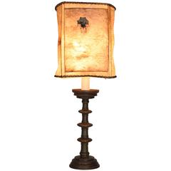 Italian Cast Bronze Candlestick Mounted as a Table Lamp with Antique Hide Shade