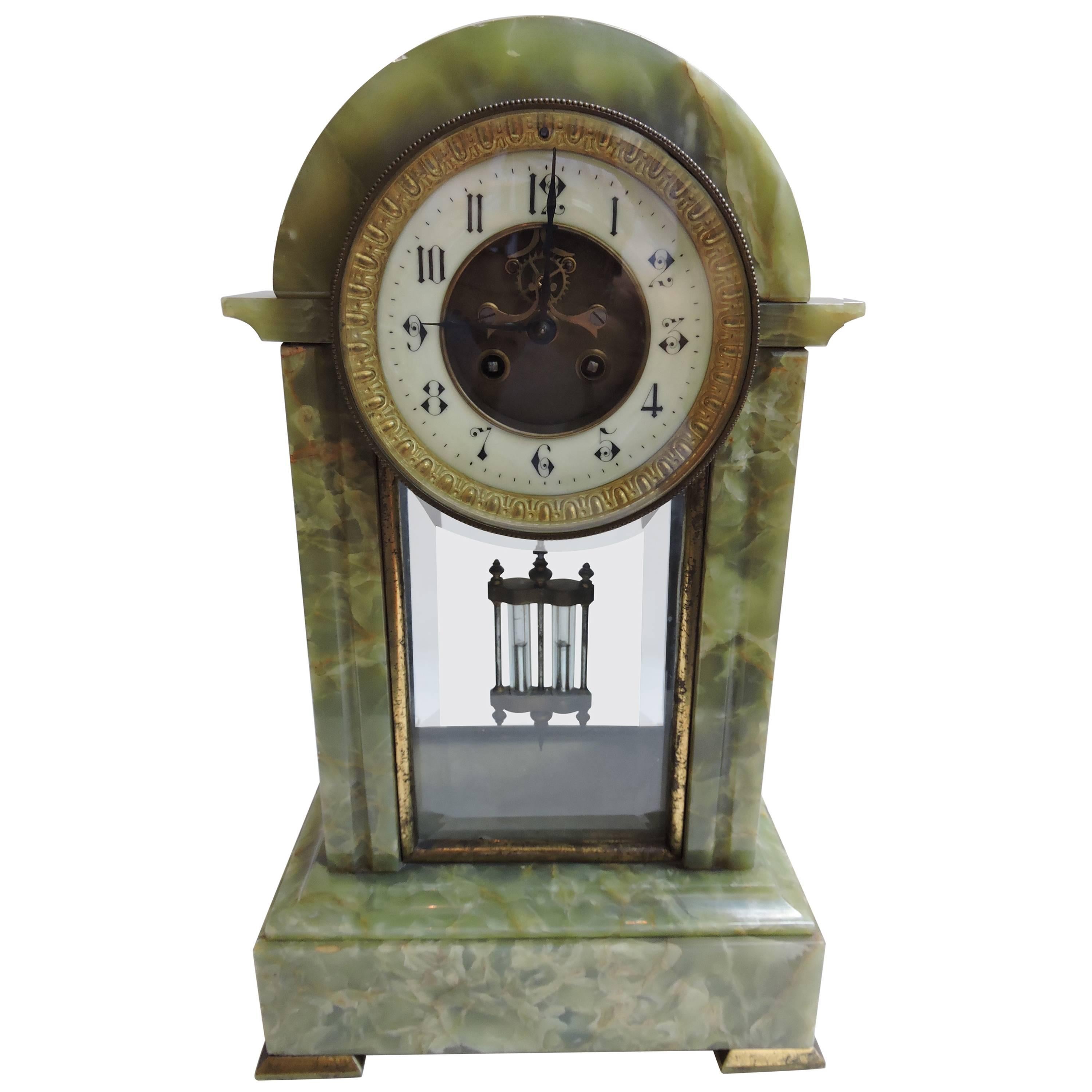 French 19th Century Green Onyx Clock with Mercury Pendulum and Bronze Feet For Sale