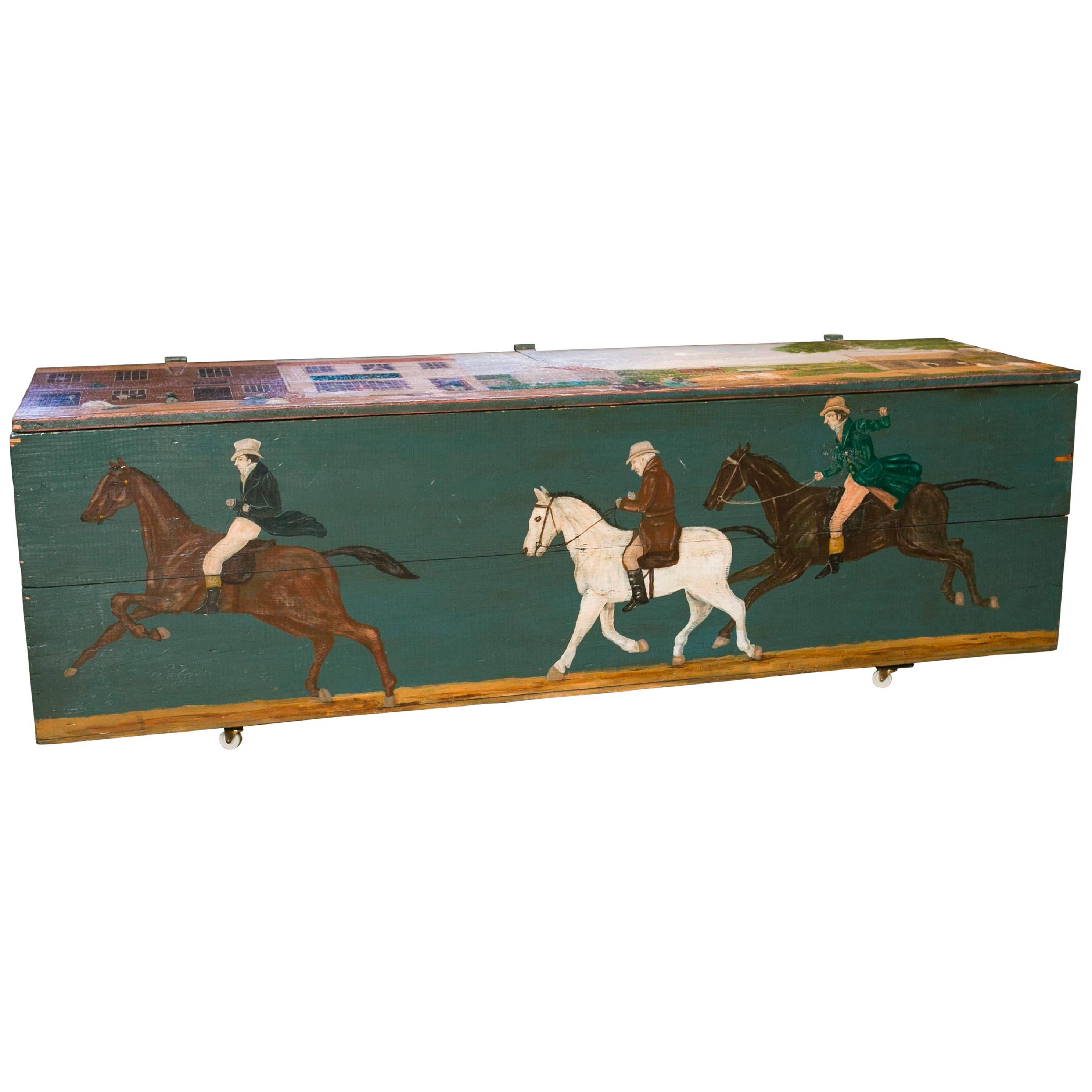  American Blanket Chest/ Bencwith Equestrian Scene Painted by Artist Lew Hudnall For Sale