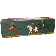 Antique  American Blanket Chest/ Bencwith Equestrian Scene Painted by Artist Lew Hudnall