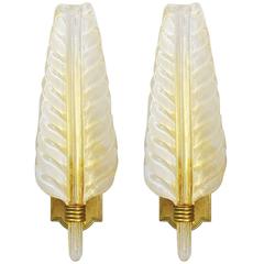 Pair of Italian Murano Glass Leaf Sconces by Barovier e Toso