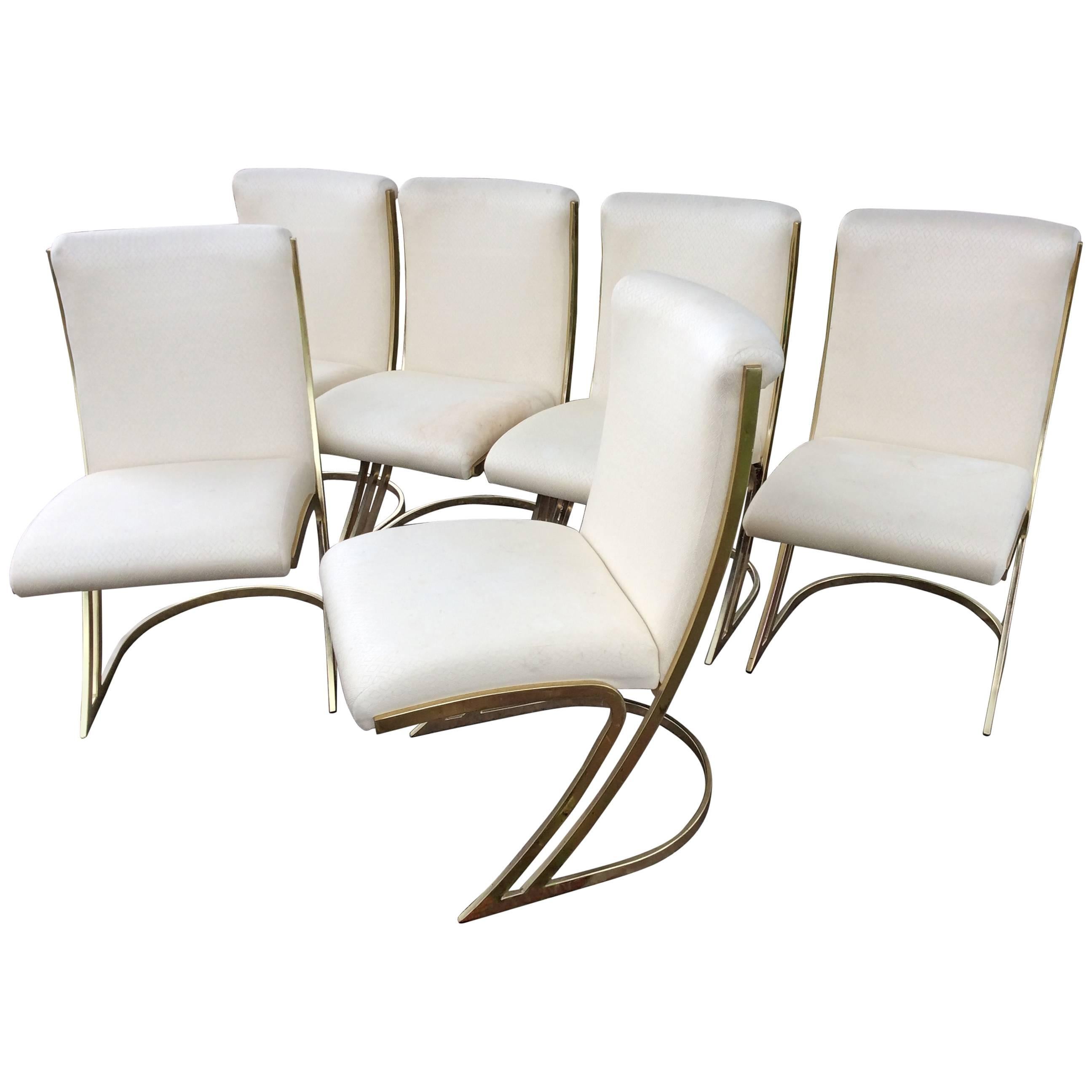Pierre Cardin Vintage Set of Six Brass Side Dining Chairs Cantilever Z Back