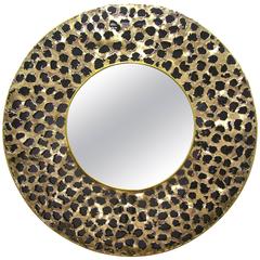 Contemporary Italian Perforated Brass and Black Glass Modern Round Mirror 2