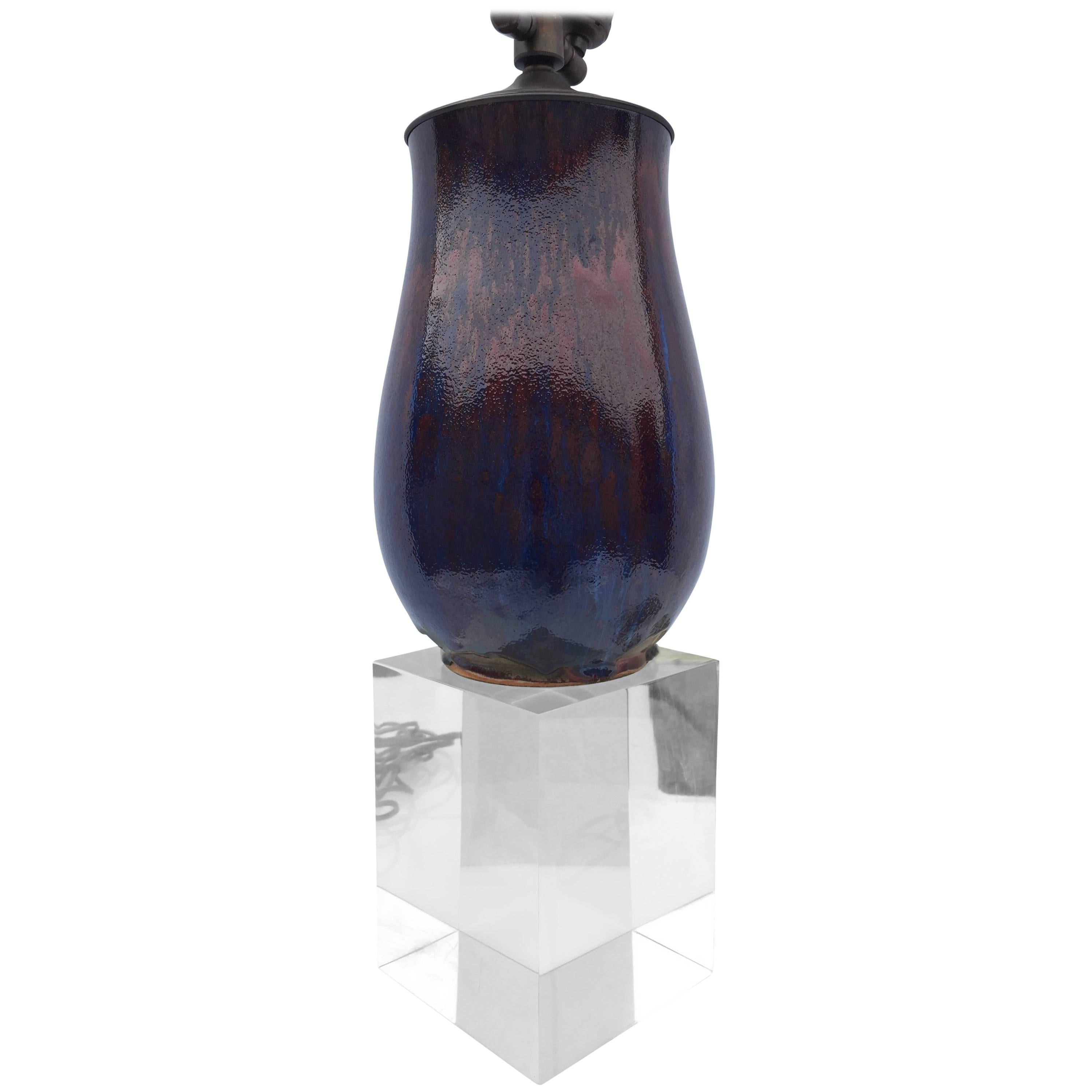 Multi-Color Glaze Art Pottery Table Lamp Square Cube Lucite Base For Sale