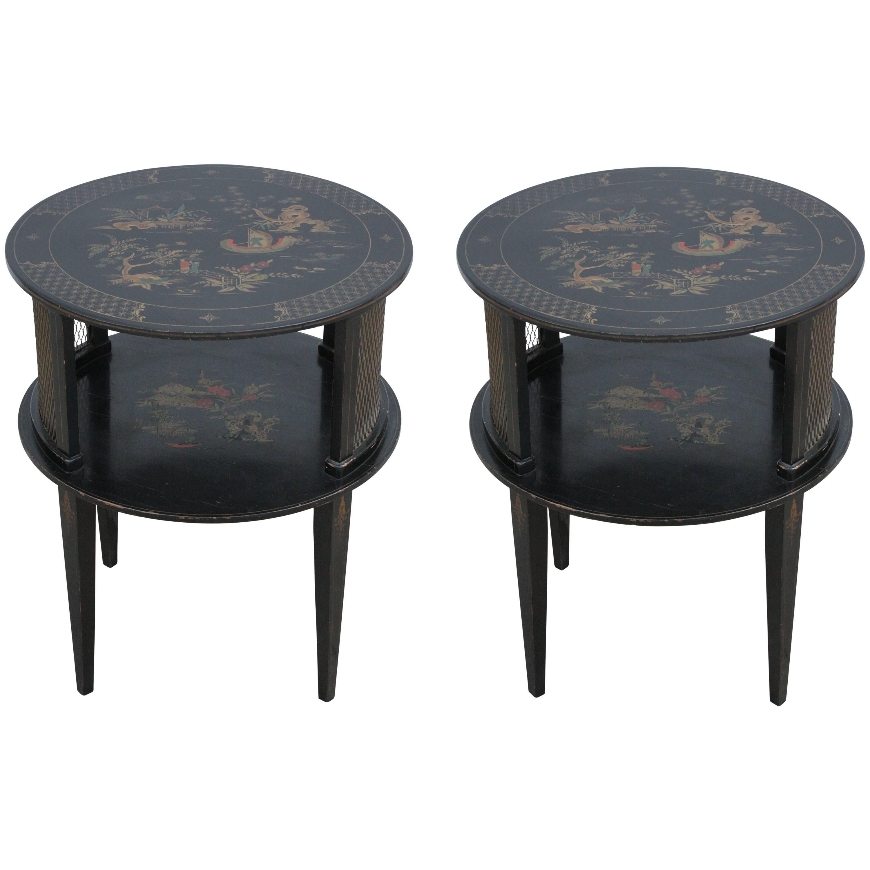 Pair of Round Black Hand-Painted Chinoiserie Side Tables For Sale