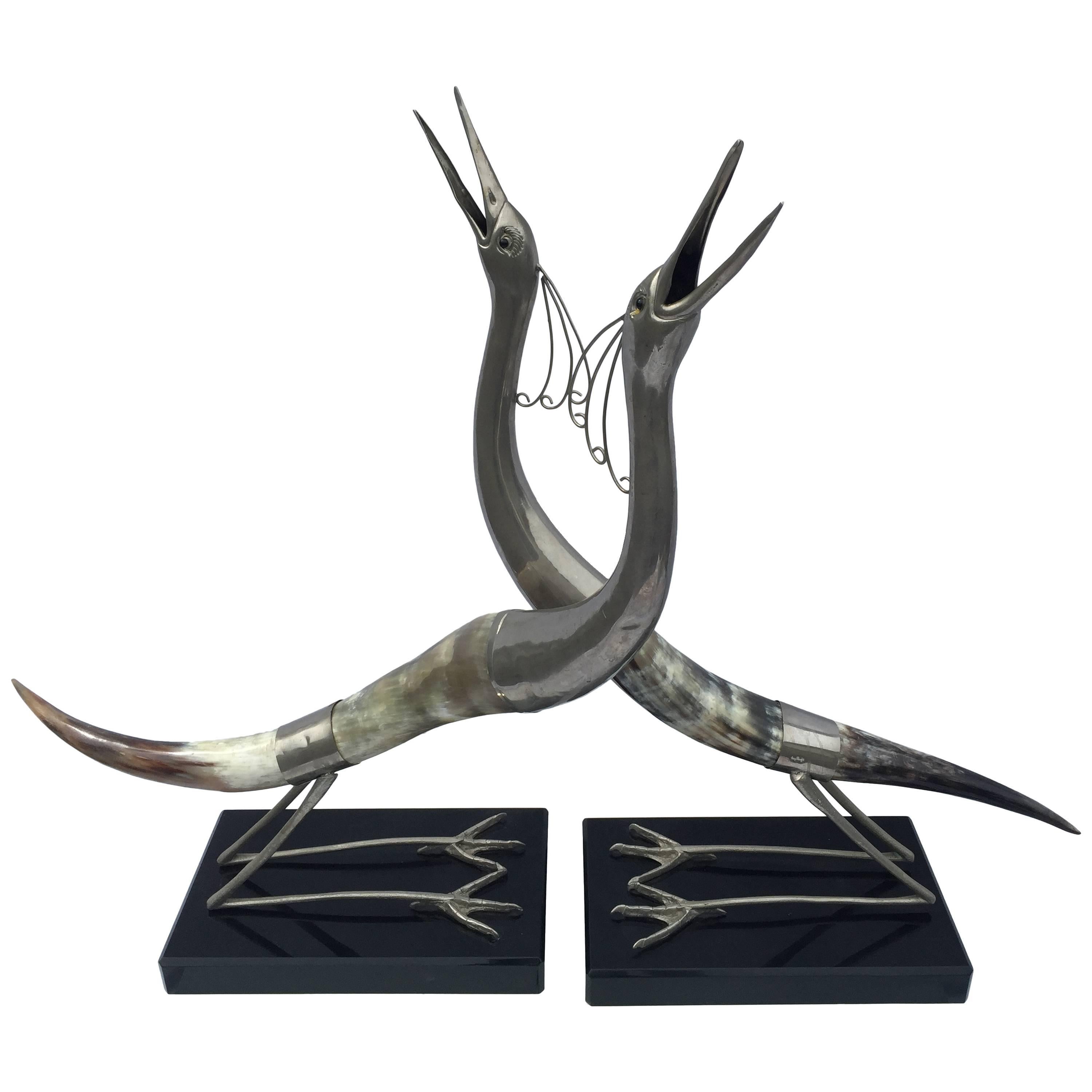 Sculptural Pair of Horn and Silvered Brass Birds Mounted on Black Acrylic Bases For Sale