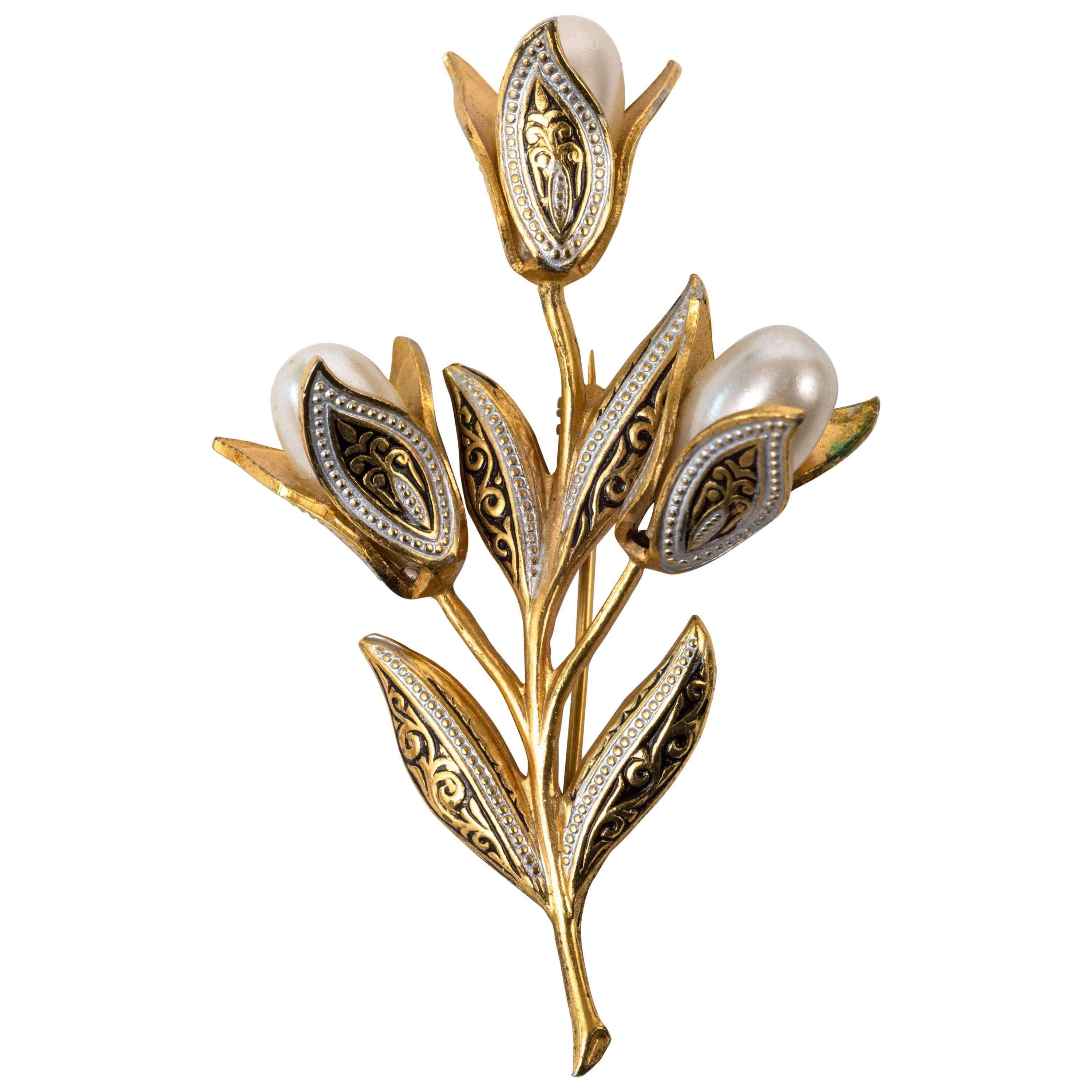 Vintage Damascene Pearl Centered Flowers Pin, Made in Spain