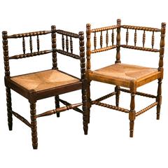 Near Pair of Vintage Bobbin Style Rush Seat Corner Chairs