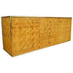 Vintage Italian Bamboo Weave Credenza / Sideboard with Brass / Gold Metal Trim