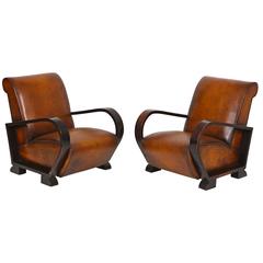 Deco Brown Armchairs with Distressed Faux Leather, France, 1950