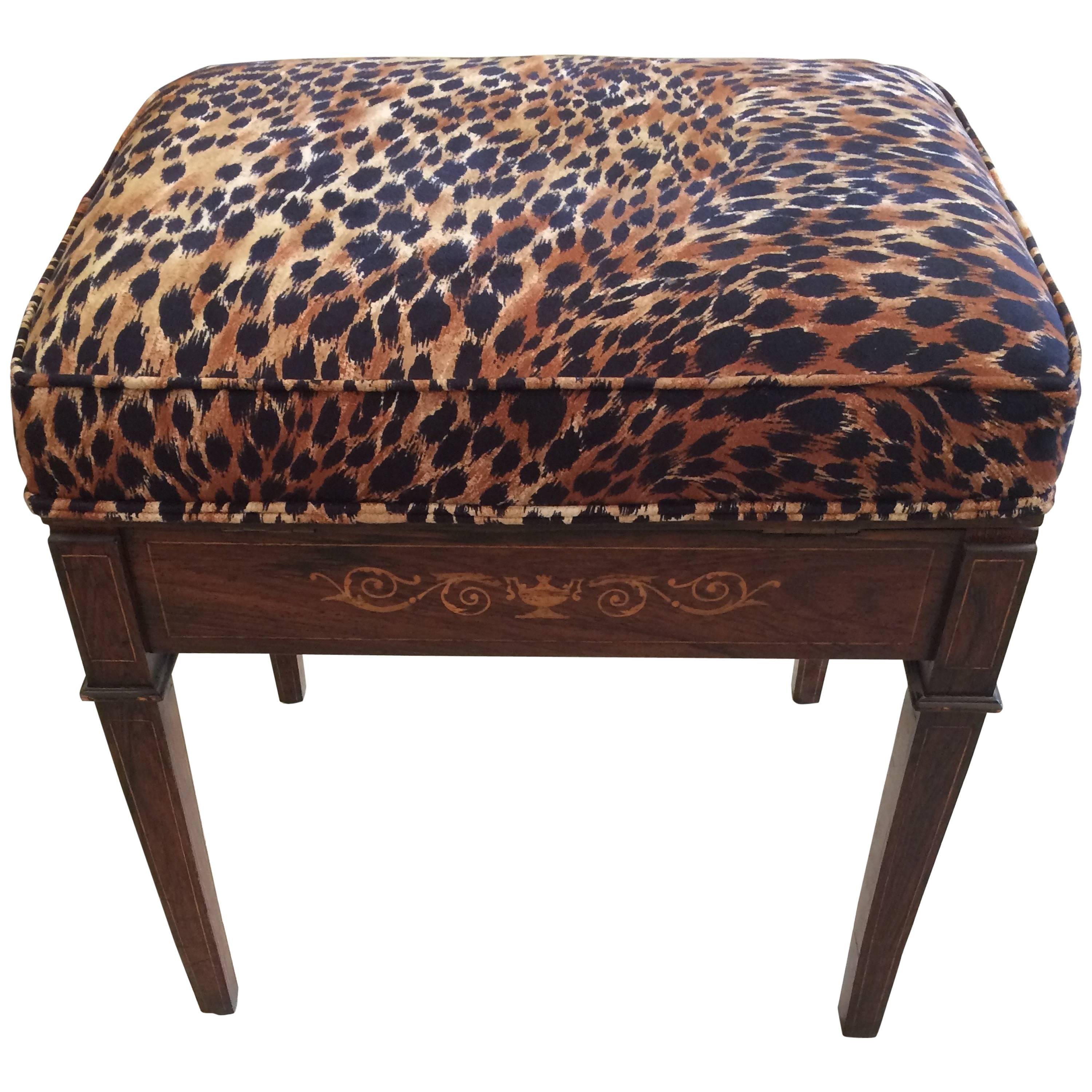 Classic Mahogany Little Bench with Animal Print Cushion Top