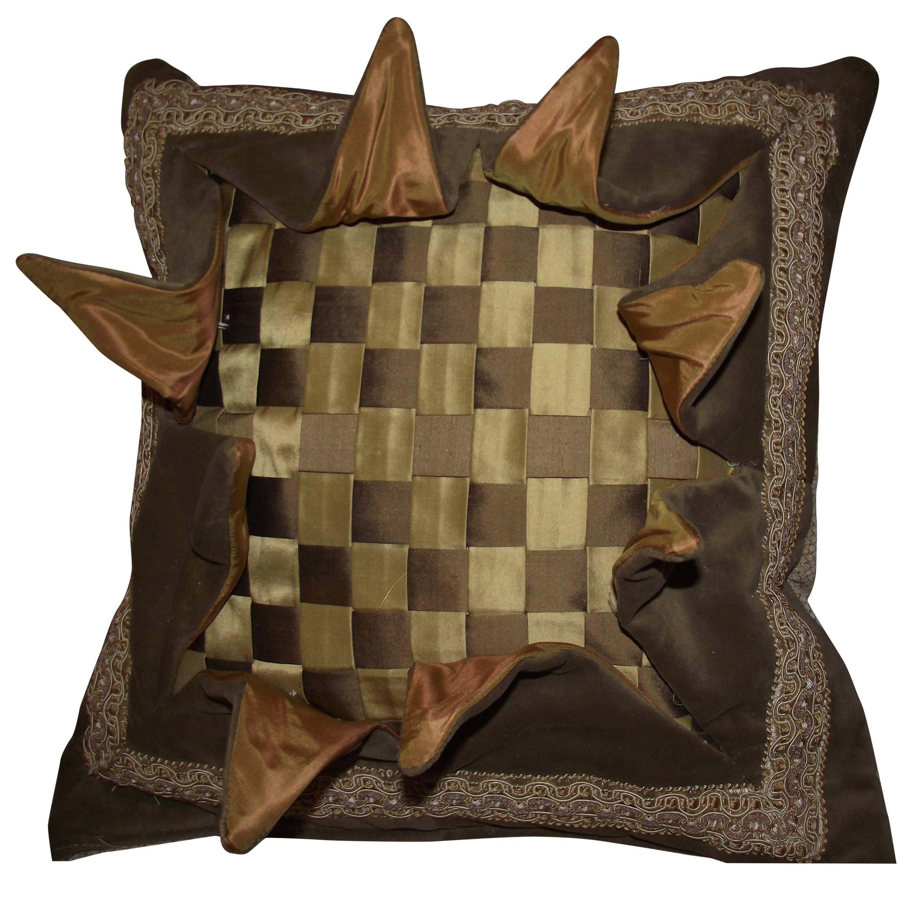 Explosion Pillow, Woven Silk Checkerboard Pattern in Gold Tan and Cream For Sale