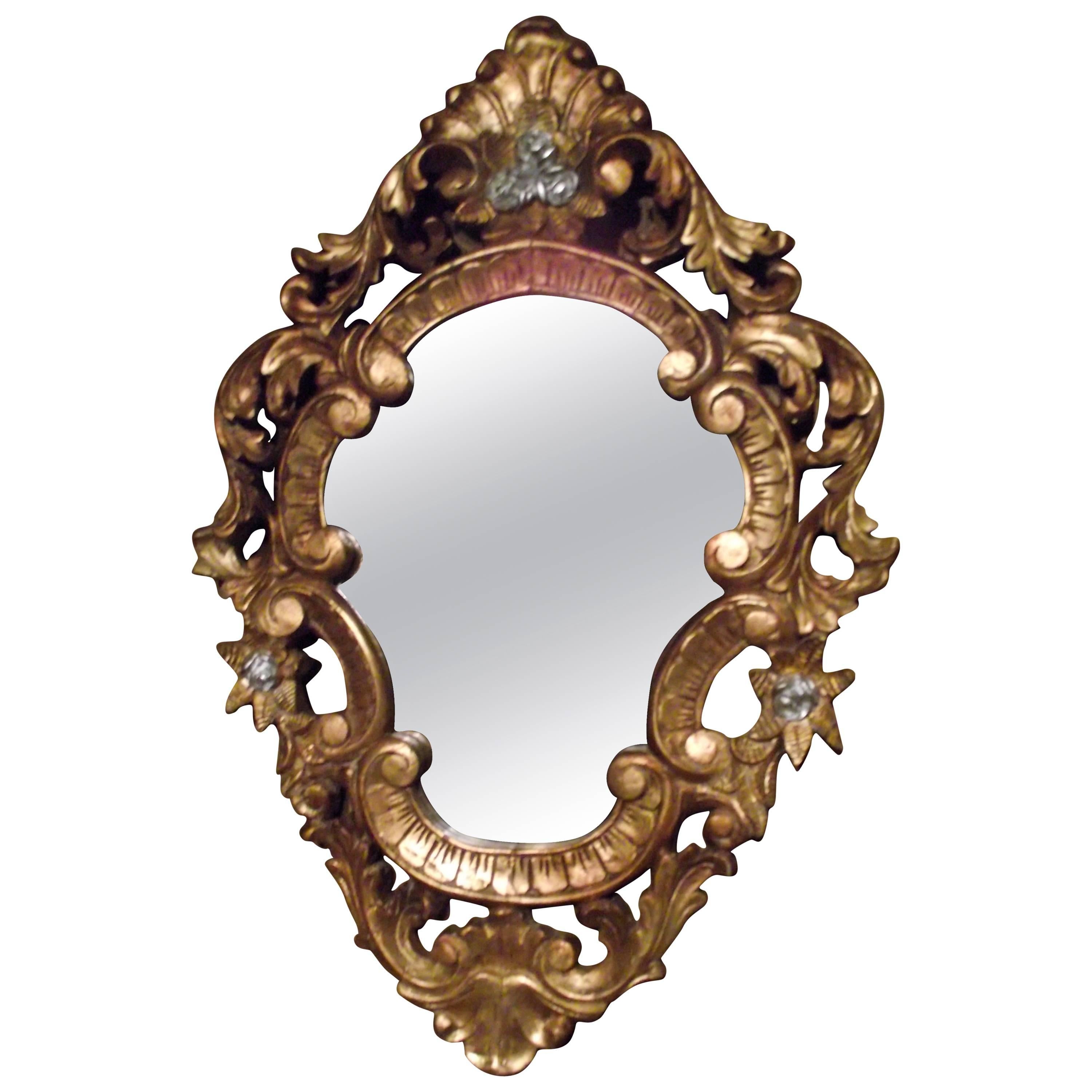 Rococo Style Hand Carved Mirror in Gold Leaf with Silver Accents,               