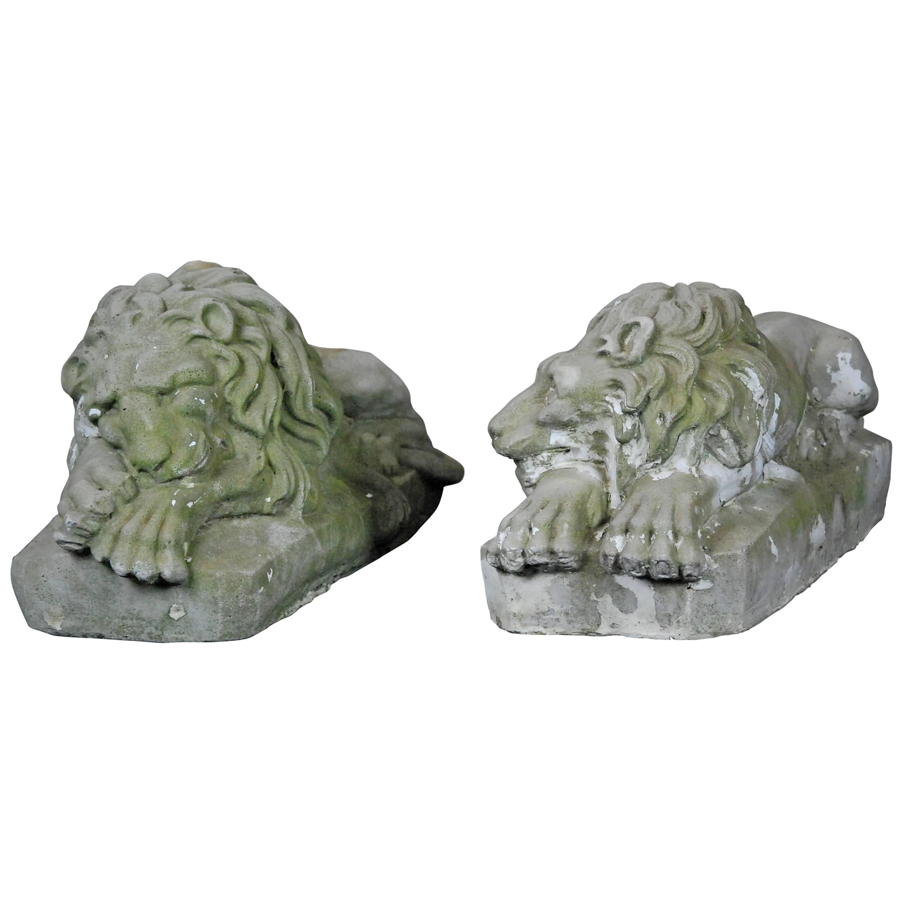 Pair of Early 20th Century Garden Cast Concrete Lion Statues