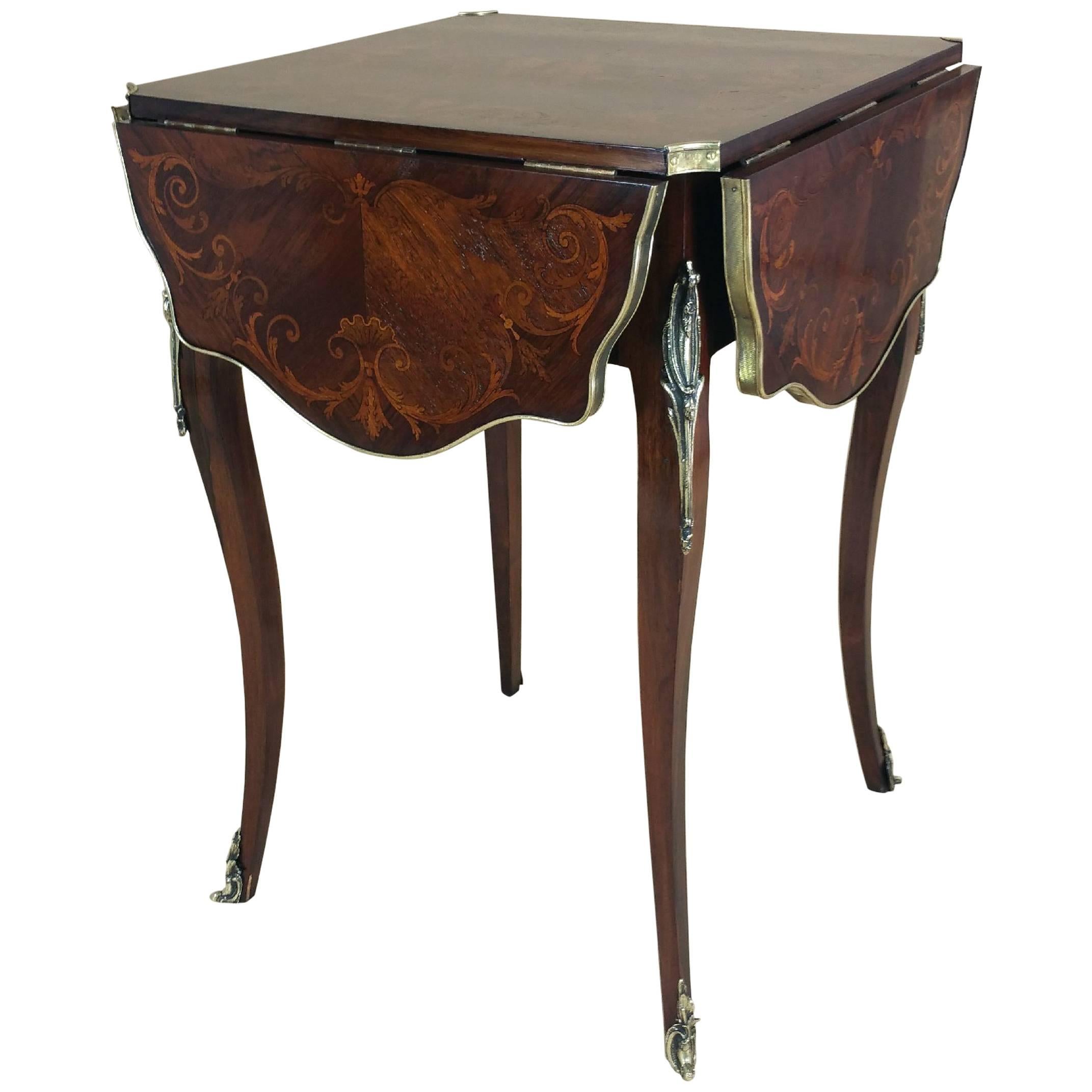 French Marquetry Inlaid Rosewood Centre Table with Four Folding Sides