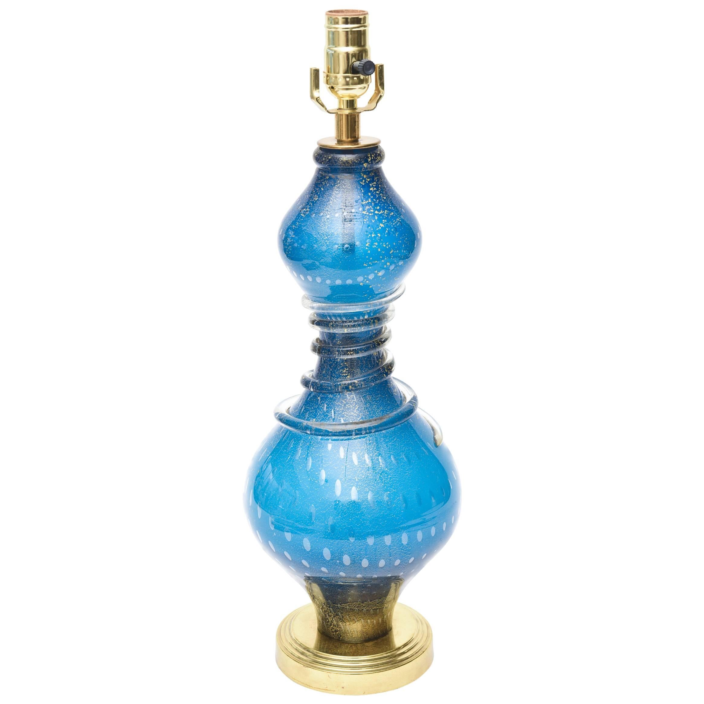 Italian Murano Sapphire Blue Glass/ Gold Aventurine& Brass Table Lamp/SALE