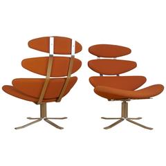 Pair of Vintage Orange Wool EJ 5 Corona Chairs, Poul Volther for Erik Jørgensen