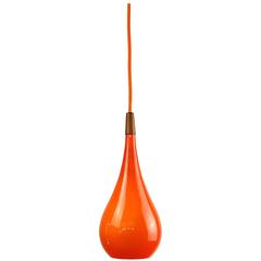 Vintage 1960s Danish Orange Glass and Teak Pendant Light / Lamp by Holmegaard