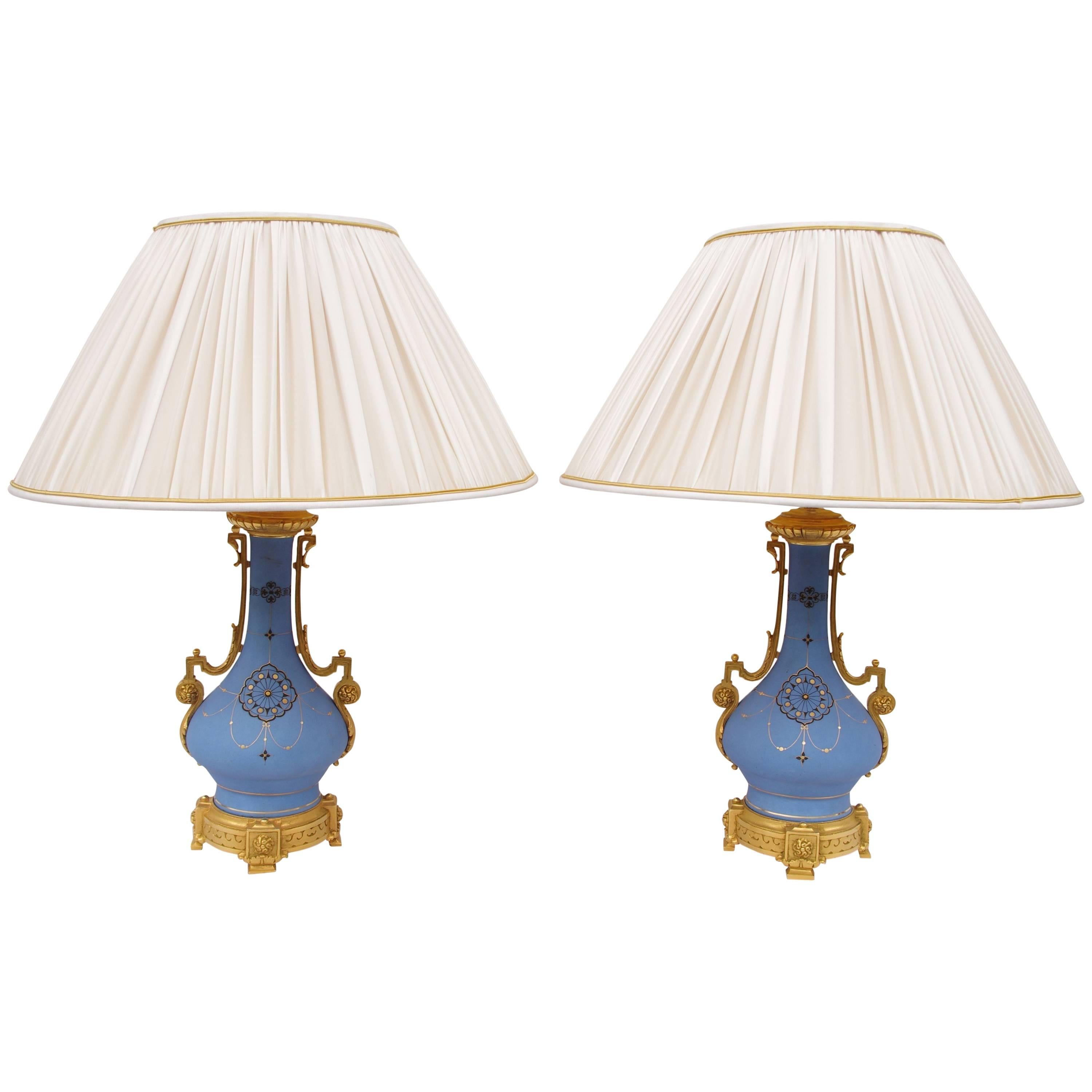 Pair of Blue Mat Paris Porcelain Lamps, 19th Century