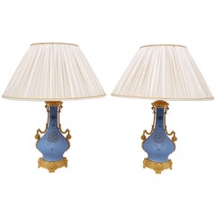 Antique Pair of Blue Mat Paris Porcelain Lamps, 19th Century