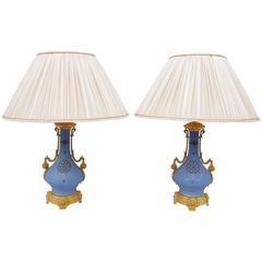 Pair of Blue Mat Paris Porcelain Lamps, 19th Century 5