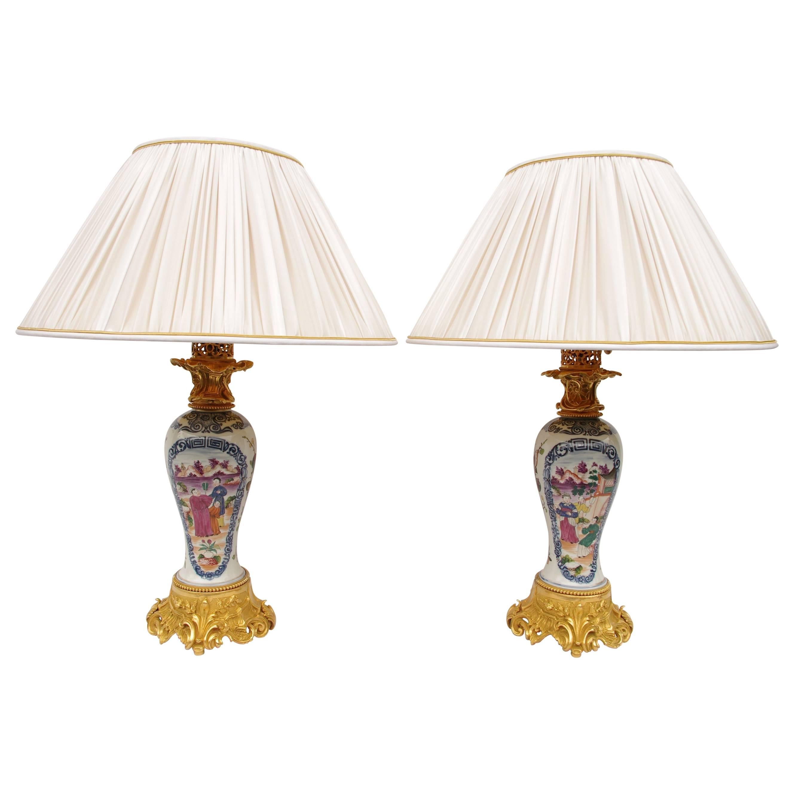 Pair of Quialong Canton Porcelain Lamps, circa 1880