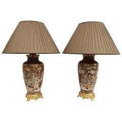 Pair of Great Satsuma Fine Faience Lamps, circa 1870