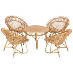 French Bamboo Wicker Patio Lounge Set Four Chairs and One Table, 1950s