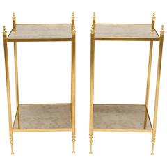 Pair of High Jansen Style Gilt Brass Side Tables with Oxidized Mirror Tops