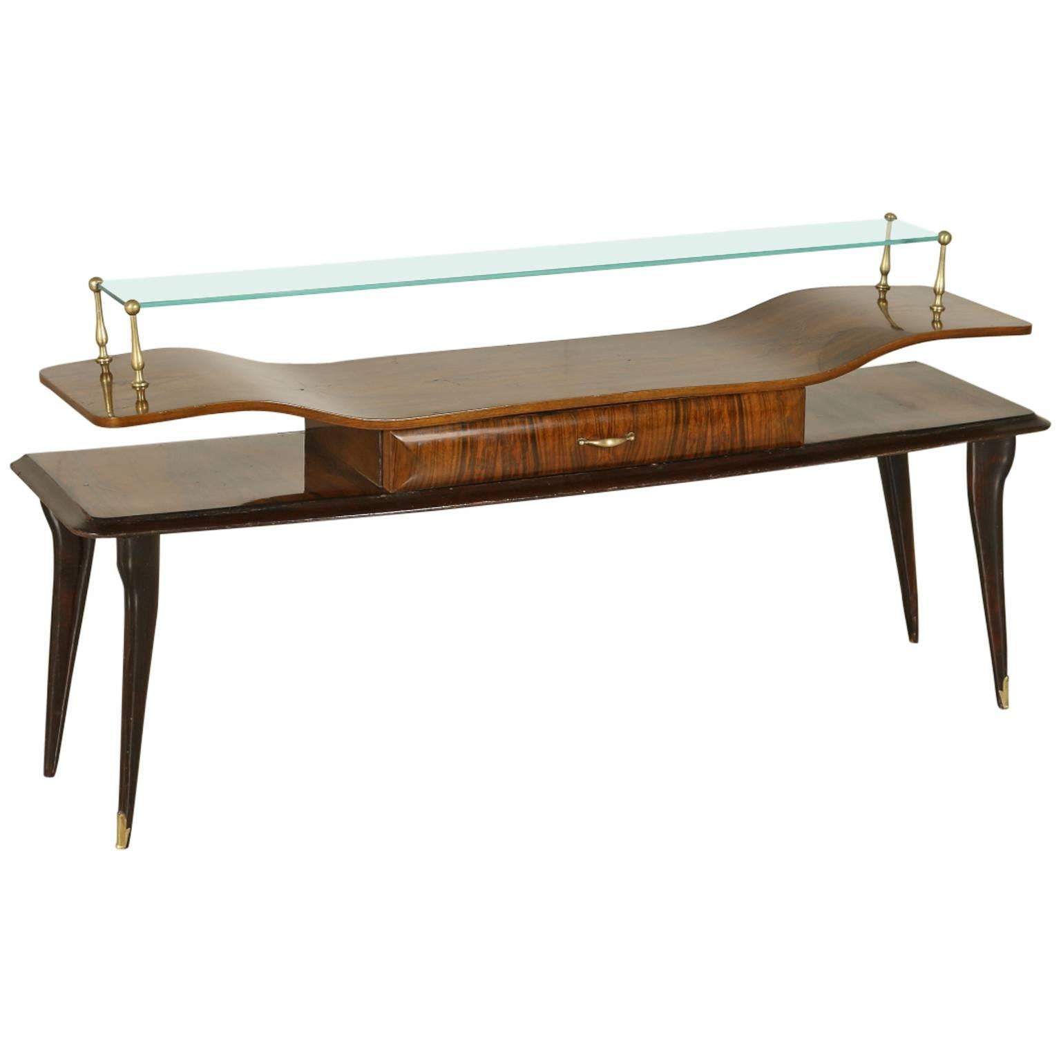 Graceful Console Rosewood Veneer Ebony Stained Wood Glass Brass, Italy, 1950s