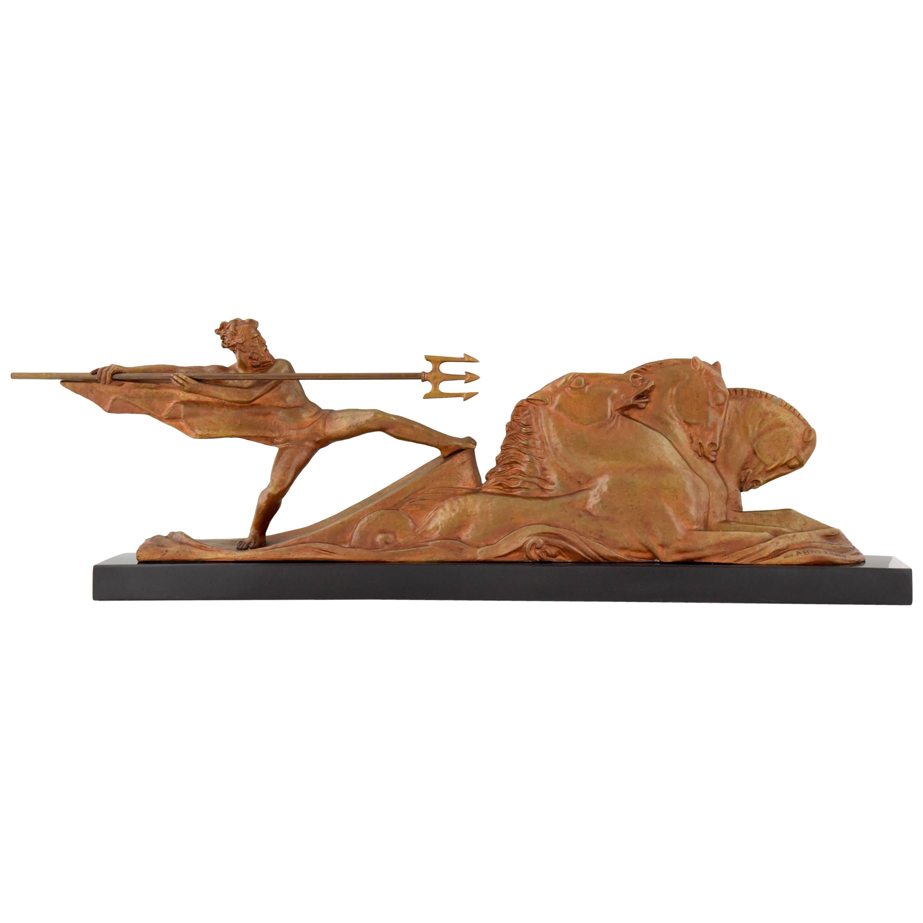 French Art Deco Bronze Sculpture Neptune with Horses Bazzony, 1930