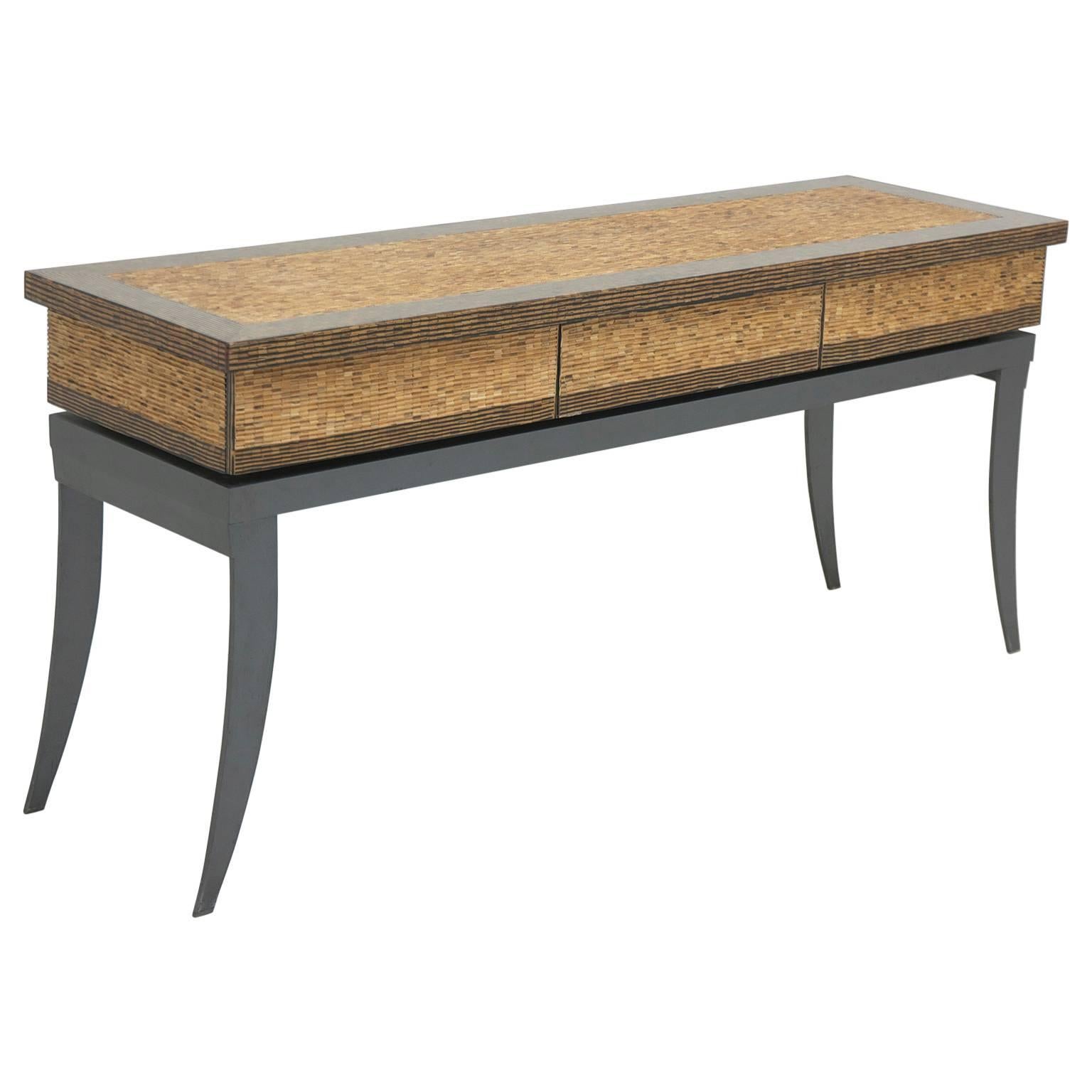 Contemporary Custom Console Table with Inlaid Bamboo and Palmwood Top For Sale