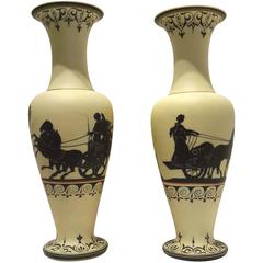 Pair of French Opaline Glass Neoclassical Enameled Vases, circa 1880