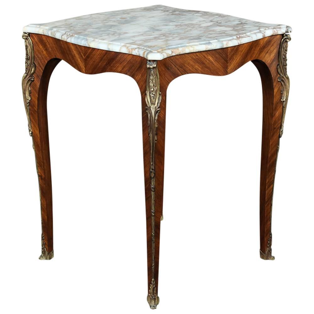 Louis XV French Marble -Top Marquetry Square End Table with Ormolu, Ca. 1890