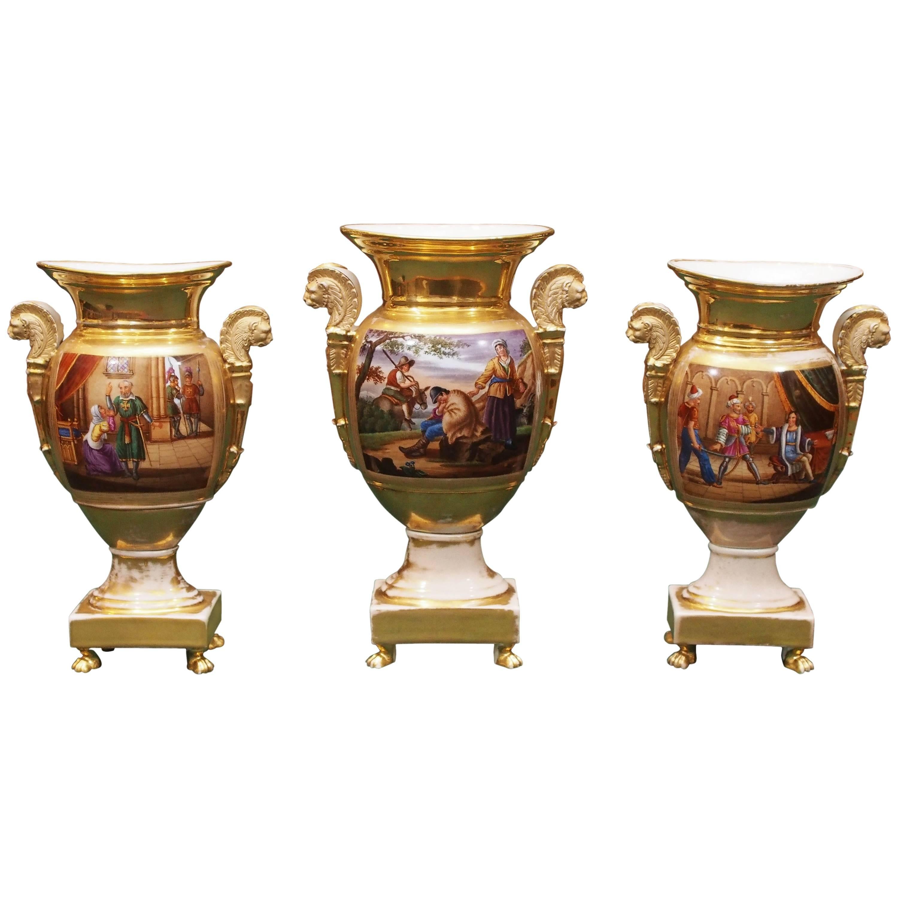 Set of Three Urn Form Vieux Paris Garniture For Sale