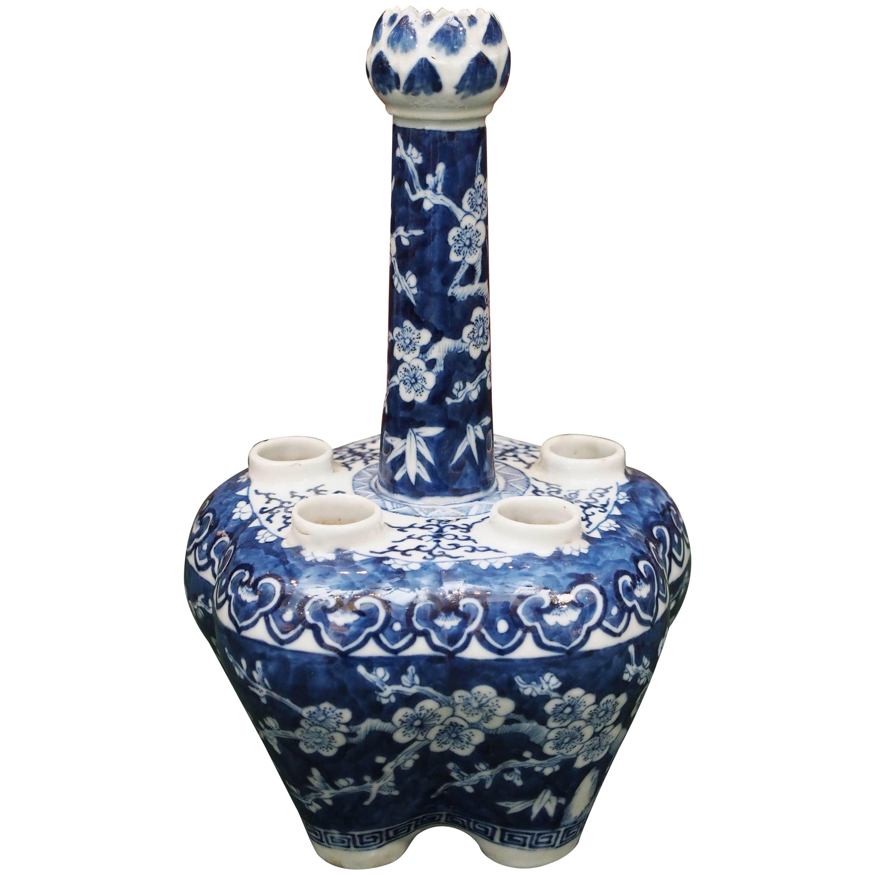 Chinese 19th Century Blue and White Tulipiere with Cherry Blossom Motif For Sale