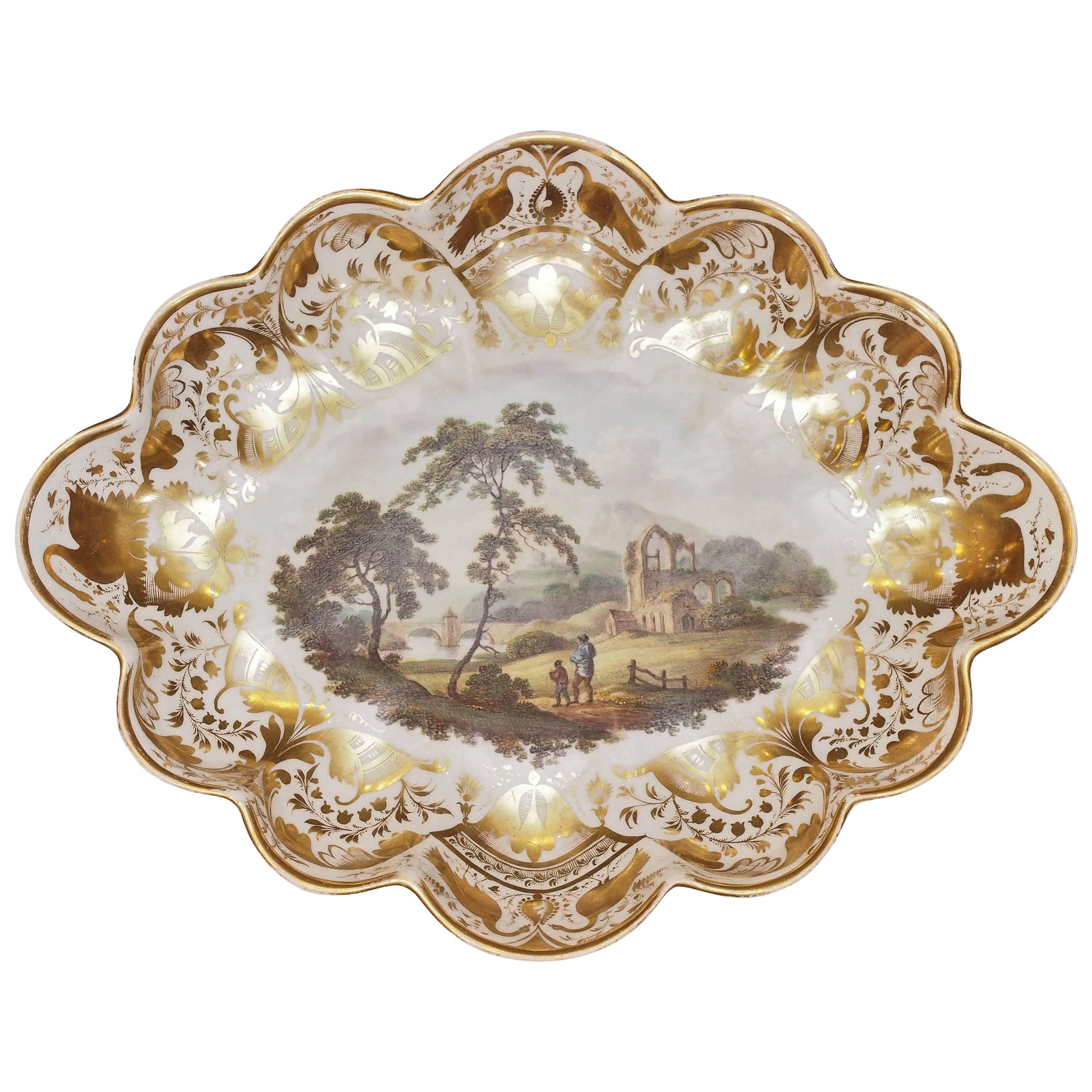 Derby Scalloped Dish with Pastoral Scene and Gilt Decoration For Sale