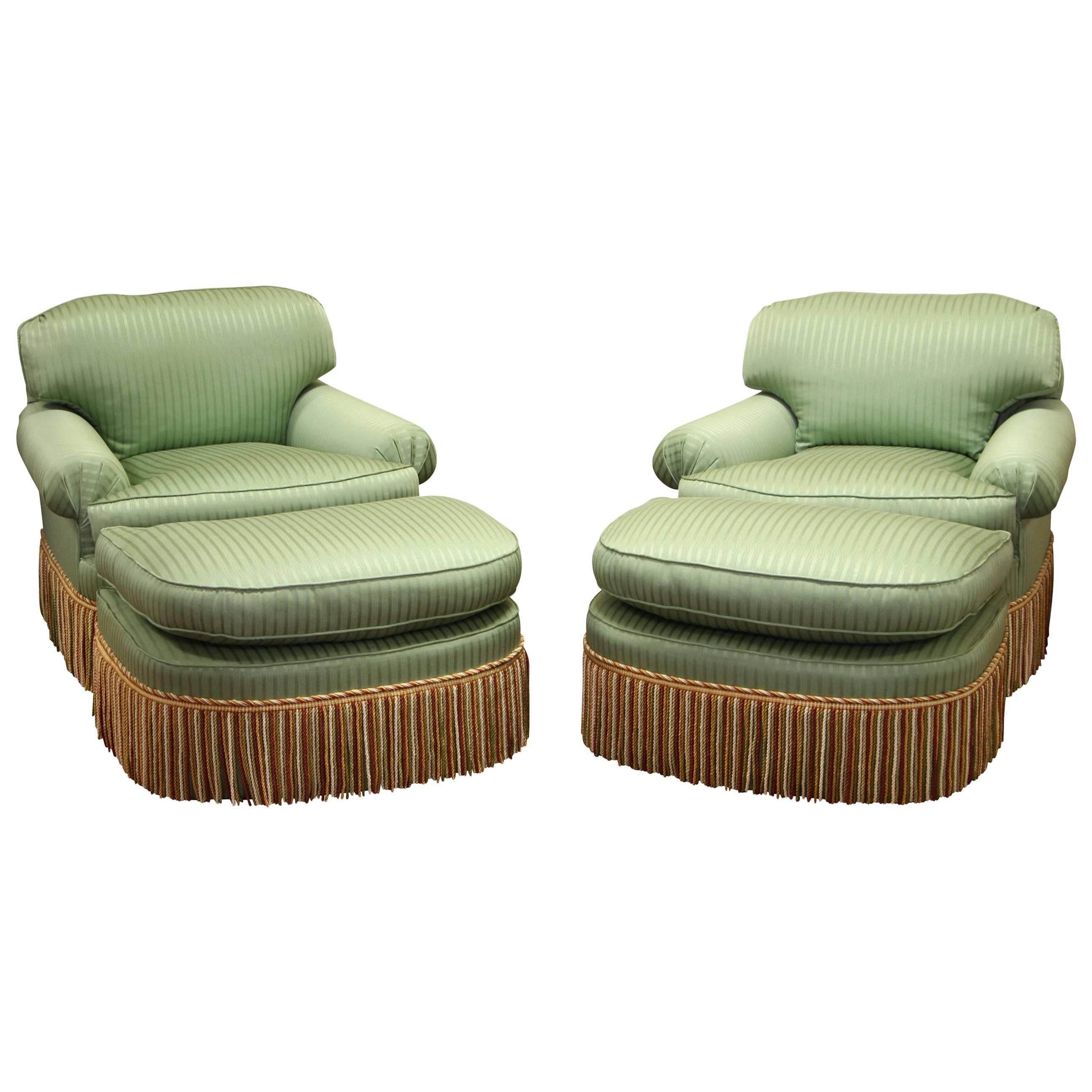 Pair of Hollywood Regency Style Club Chairs and Ottomans