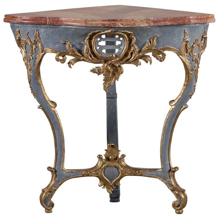 Antique Austrian Painted Gilded Corner Console Table, circa 1750 at