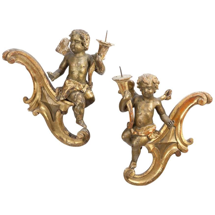 Italian Pair of Rococo Giltwood Figural Wall Prickets Sconces, 18th Century